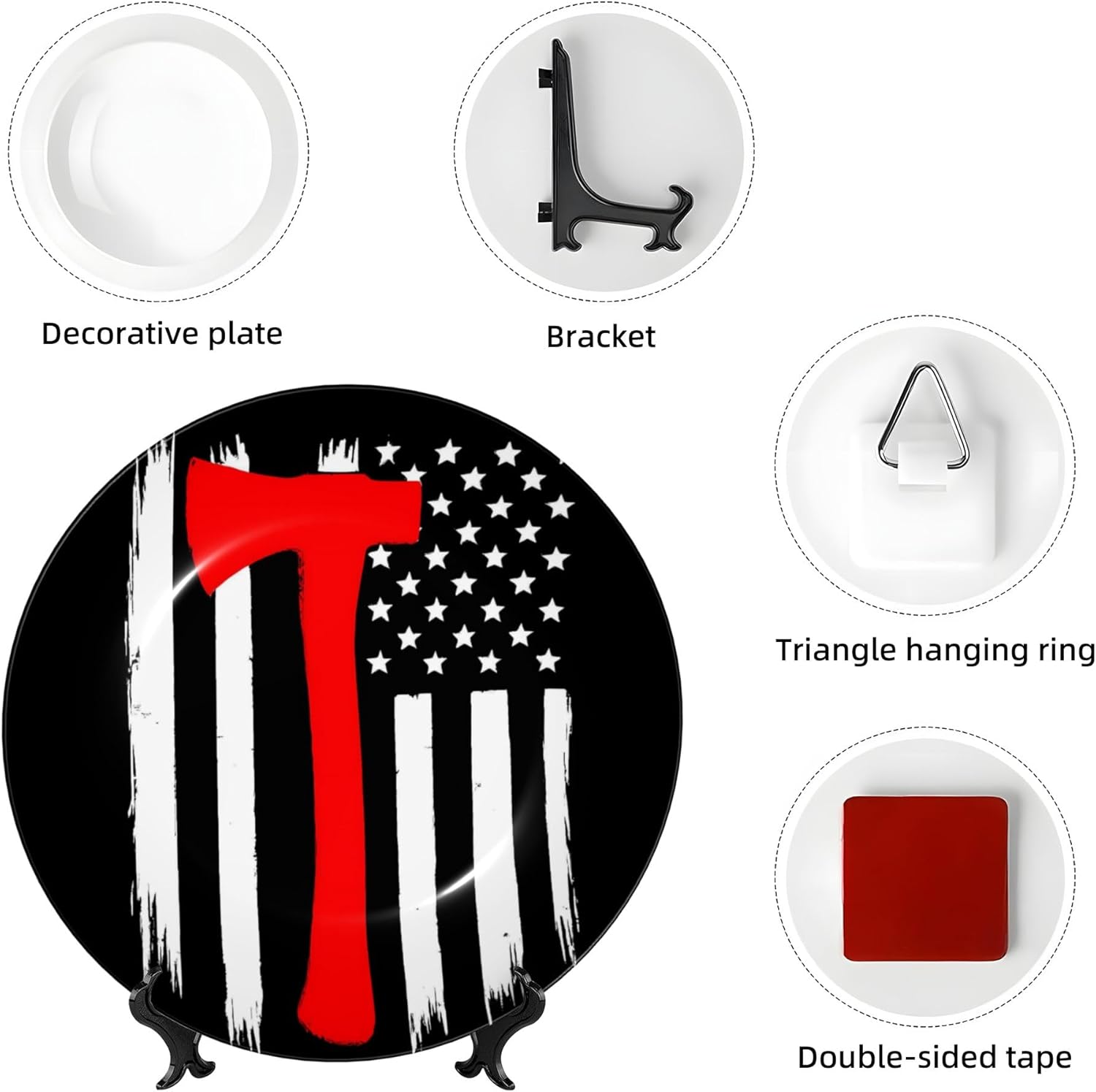 Decorative Plate Ceramic Plate for Wall Hanging 10in Accent Plate for Office Living Room Hallway Table Decor - Firefighters USA Flag