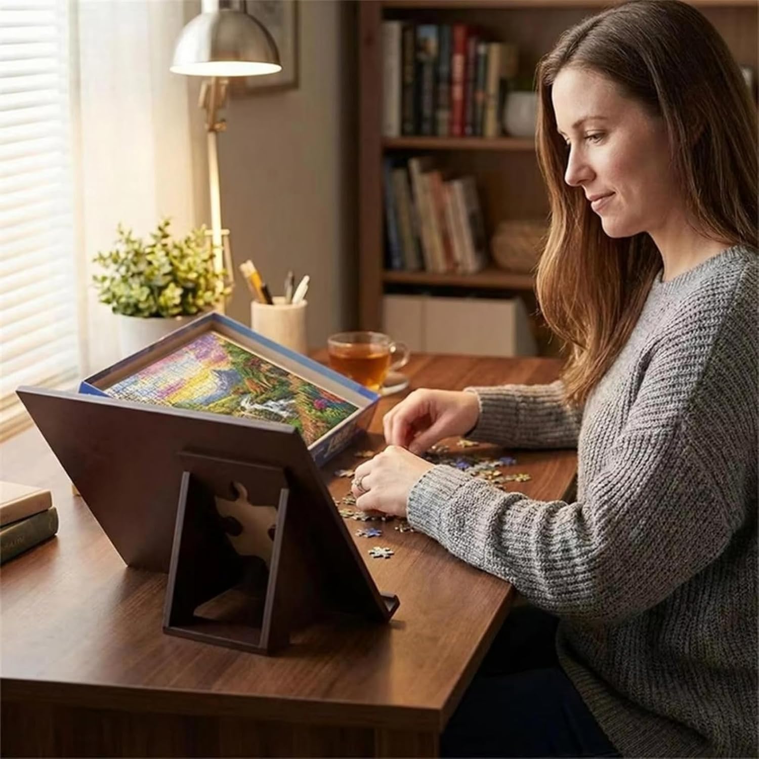 2 Piece Jigsaw Puzzle Easel-Poster and Reference Image Holder-Cover and Board Display Stand Holder,Hand with Non-Slip Base(White)