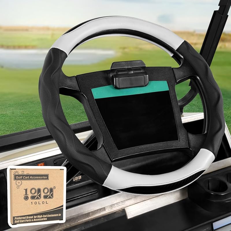 Capa para Volante de Carrinho de Golfe 35,6 cm 10L0L em Couro Sintético PU Preto e Branco para Yamaha e Club Car