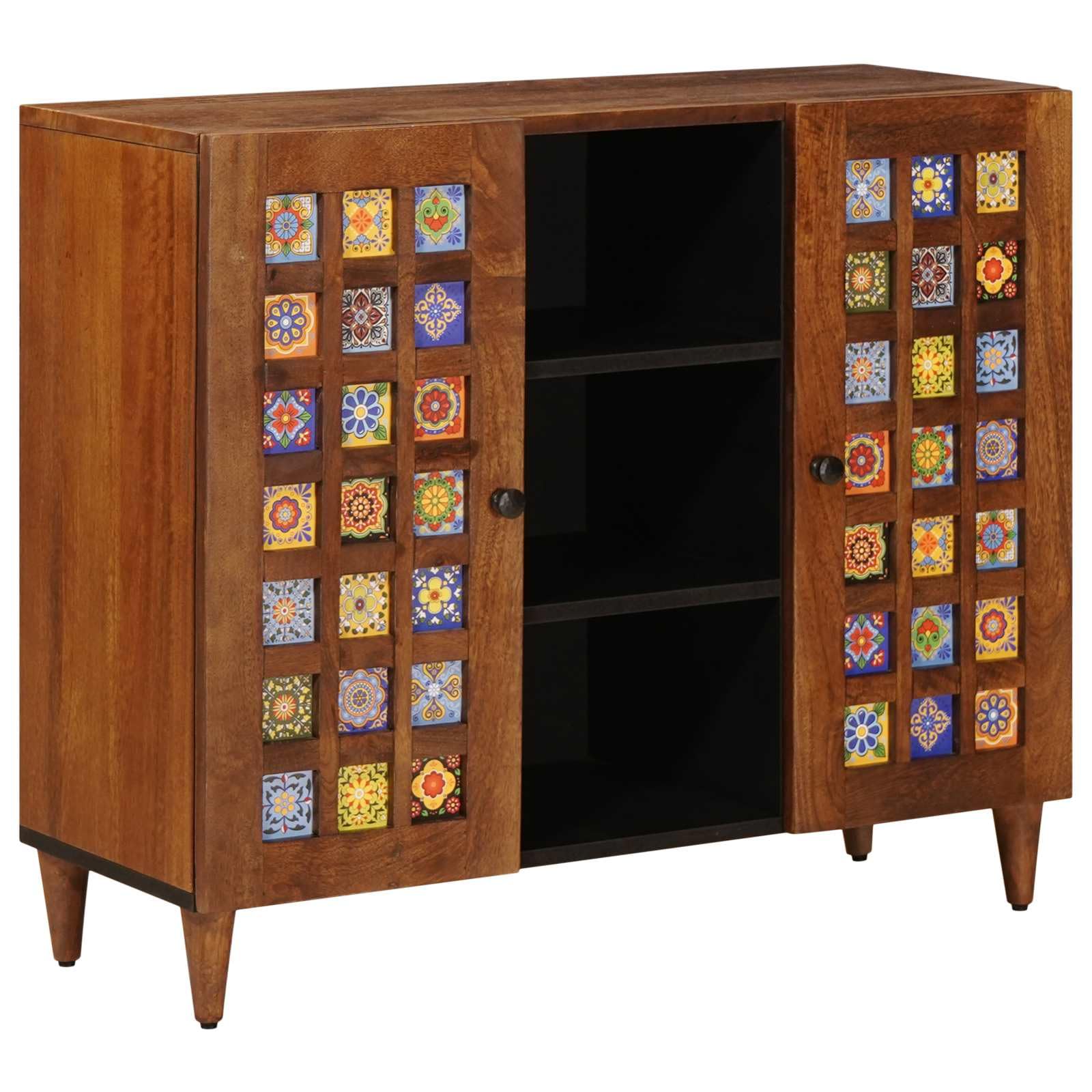 Credenza in noce con ripiano, in legno massiccio di mango, 90 x 33,5 x 75 cm, mobile basso con 2 ante a cerniera e spazio per TV, HiFi, CD, DVD, vinile, console di gioco, ricevitore