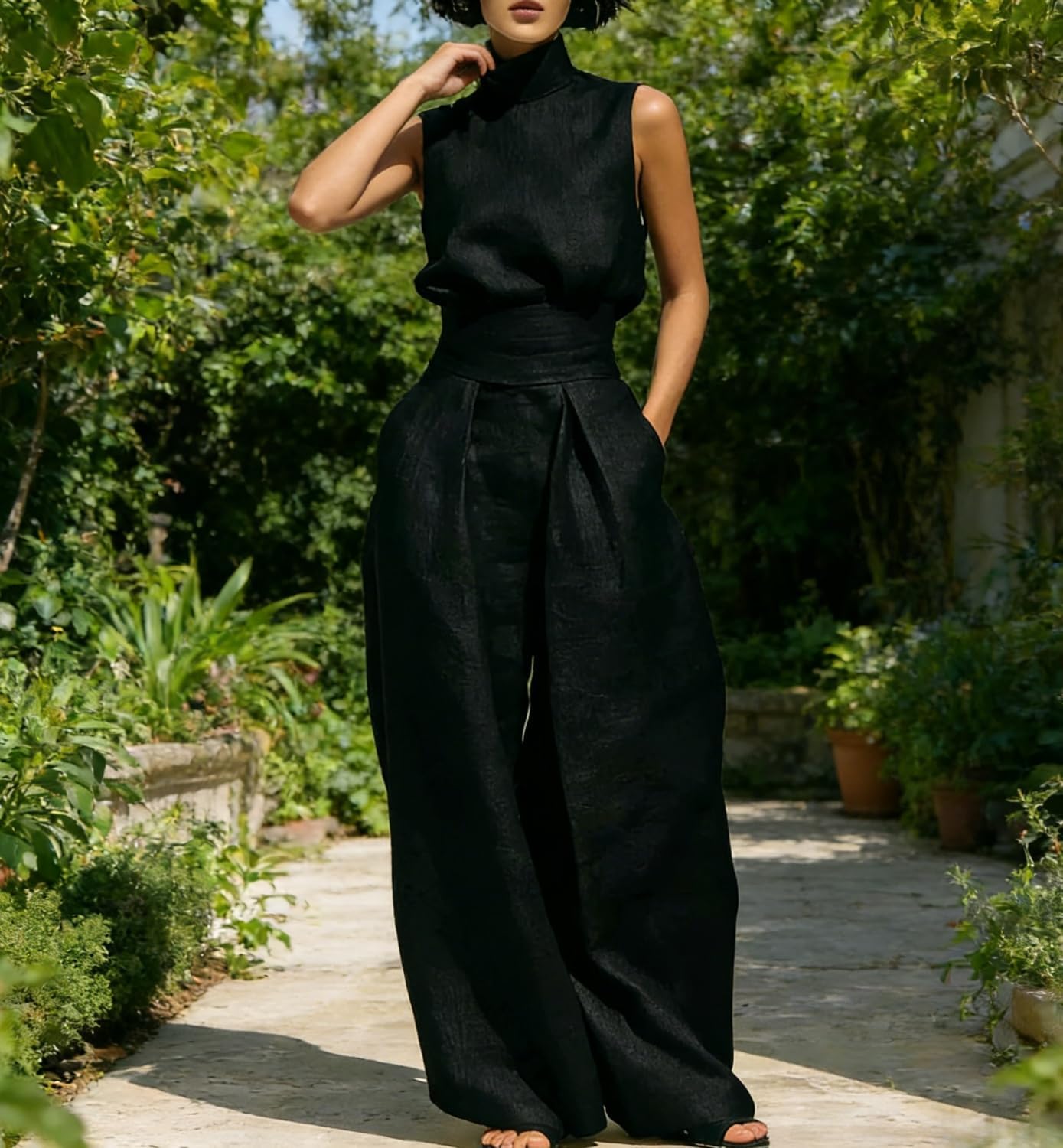 Women's Minimalist Cotton and Linen Blend Sleeveless Blouse and Wide-Leg Pants Set, 2 Piece