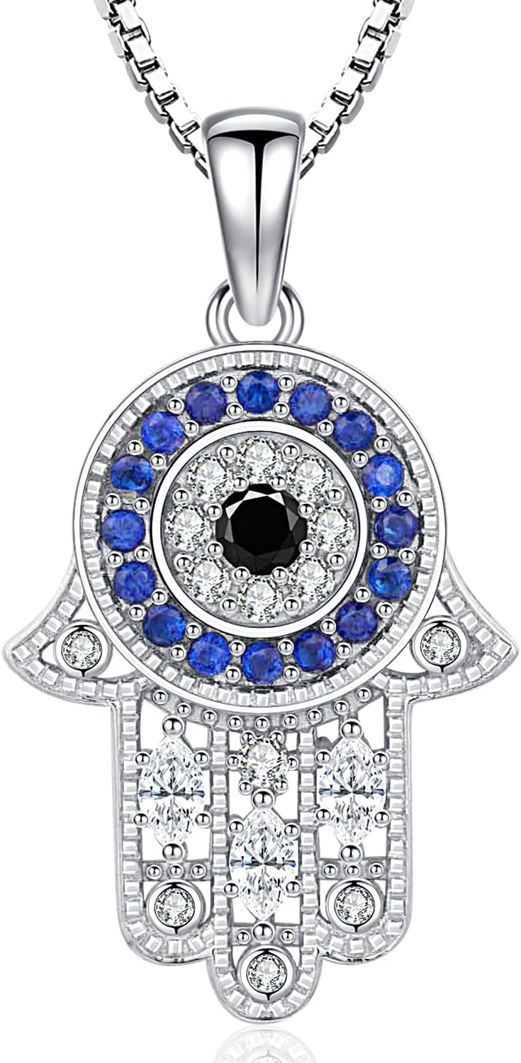 Aniu 925 Sterling Silver Hamsa Hand of Fatima Evil Eye Jewelry for Women With Cubic Zirconia - Comes With Black Gift Jewelry Box