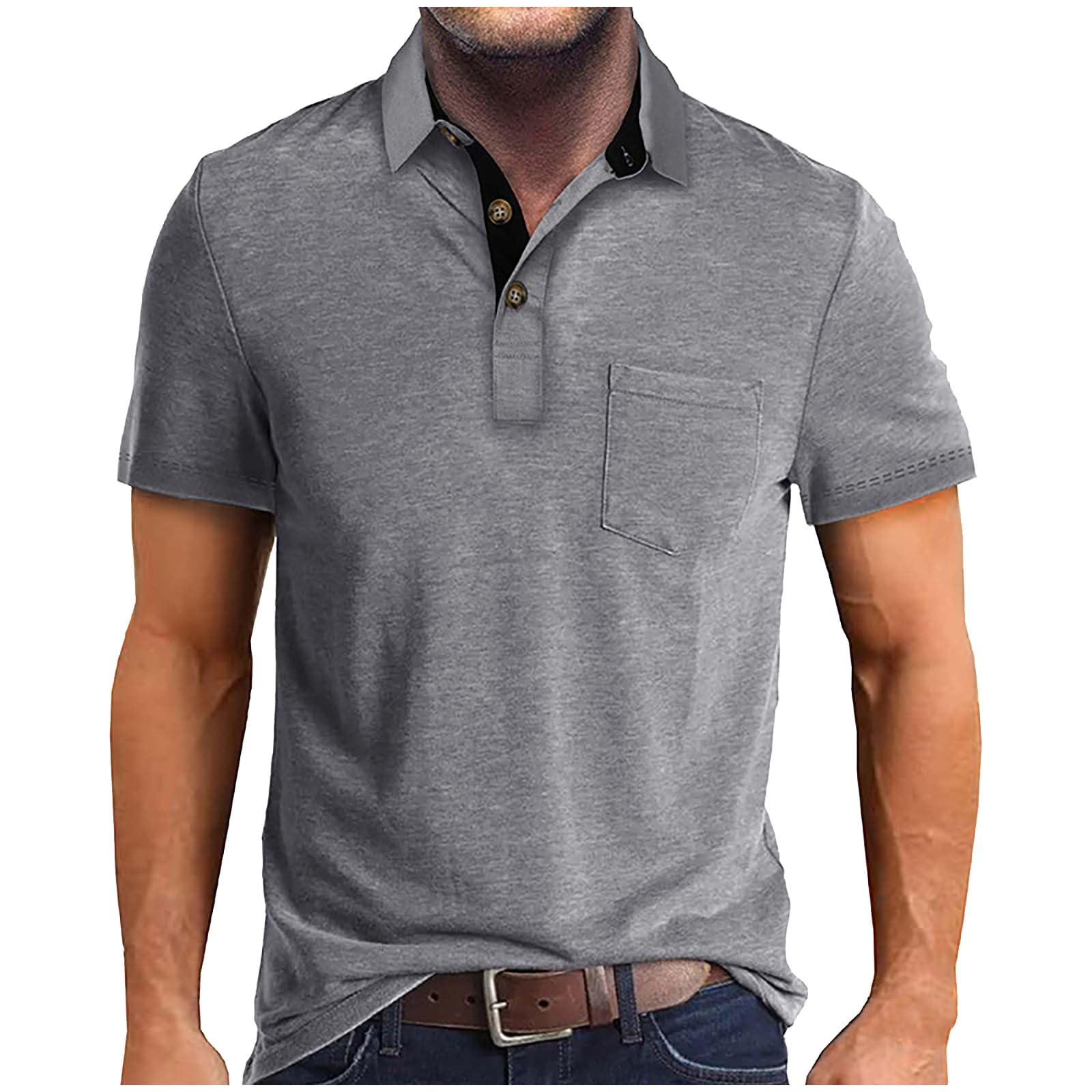 Men's 2024 Classic Fit Casual Short Sleeve Vintage Dual Tipped Collar Button Down Polo Shirt with Pocket