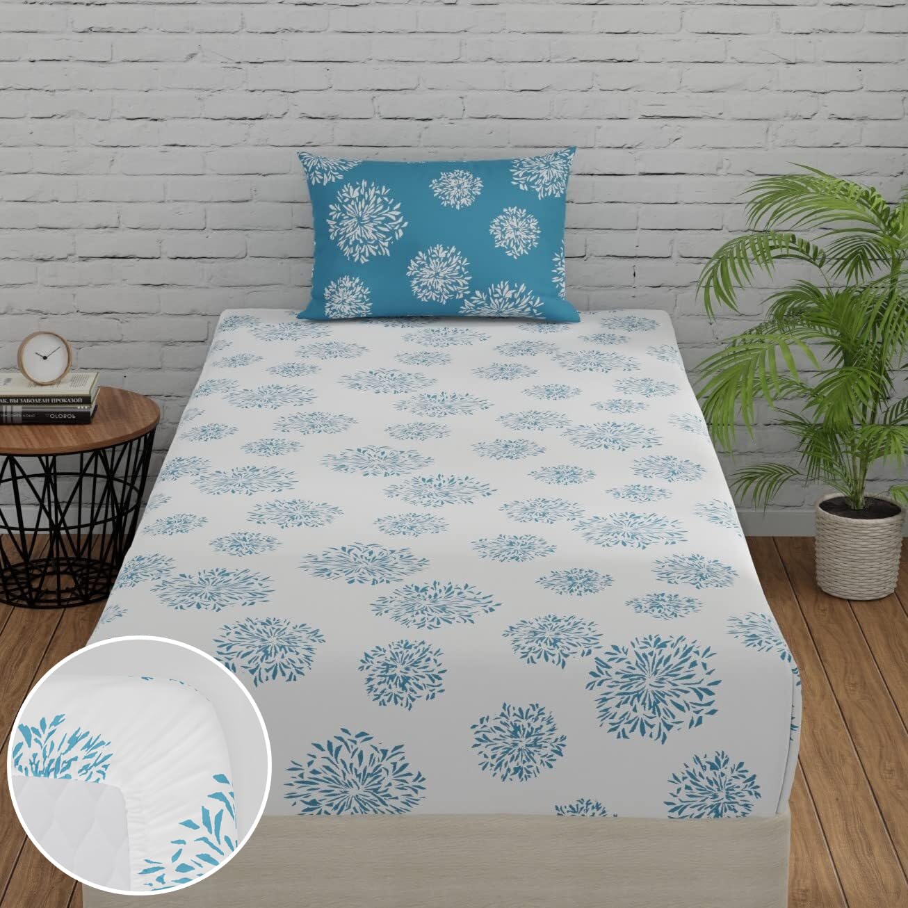 Huesland by Ahmedabad Cotton 144 TC Fitted Cotton Bedsheet Single Bed with 1 Pillow Cover | 36x78 inches | White & Blue