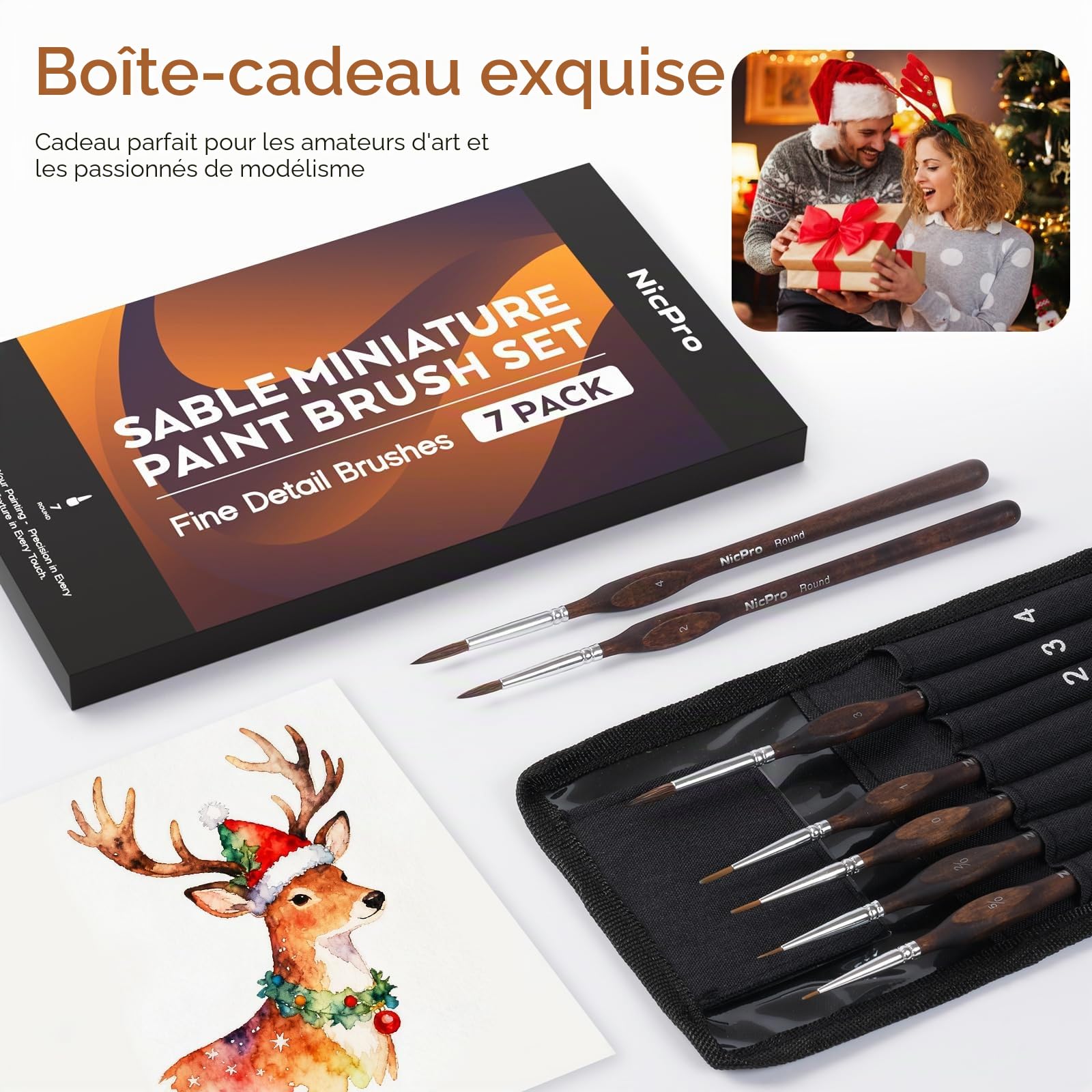 Nicpro 7 Pinceaux Miniatures Poils de Martre Kolinsky, Pinceaux Peinture Professionnels Pointe Ronde avec Étui Tissu pour Acrylique Figurines Modélisme