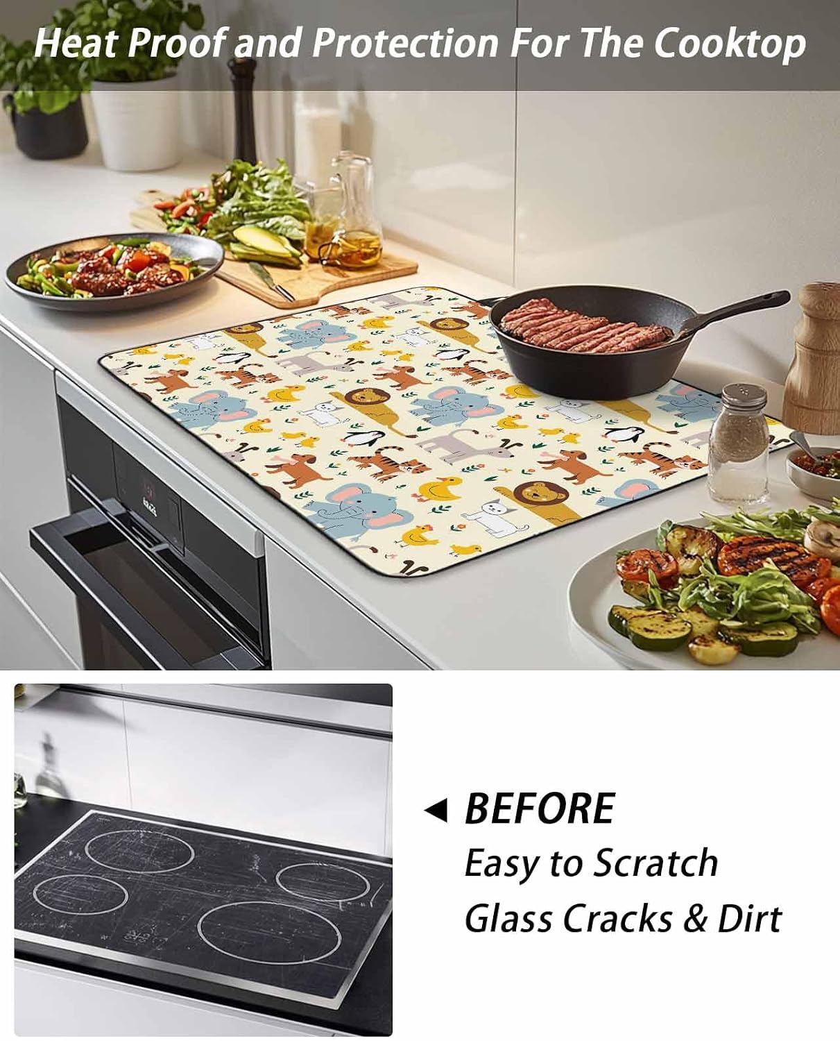 Cute Animals Stove Cover for Electric Stove, Elephants Tigers Lions Bird Cat Duck Penguins Stove Top Cover for Glass Top, Heat Insulation Rubber Mat Foldable Cooktop Top Protector, 31"x24"