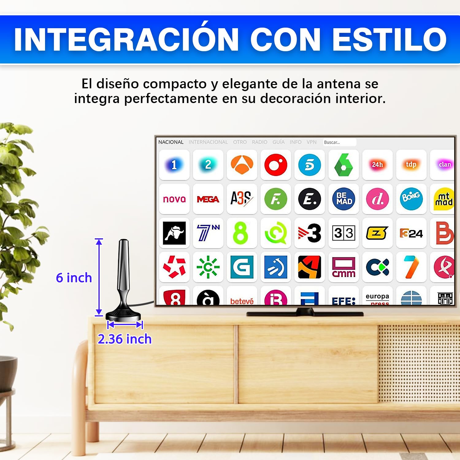 Antena TV Interior Digital 2026 para Smart TV – Recepción 360° con Señal Estable de Largo Alcance, Base Magnética, Cable Coaxial de 5 m, Compatible 4K y 1080P, Antena TDT con Canales Locales Gratis