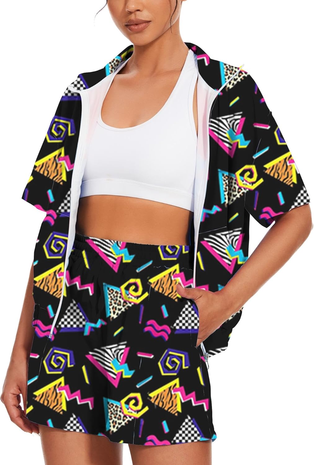 UOUA Women's 80s Color Block Outfits 2 Piece Tracksuit 90s Party Costume Summer Zip Up Windbreaker & Short Sets