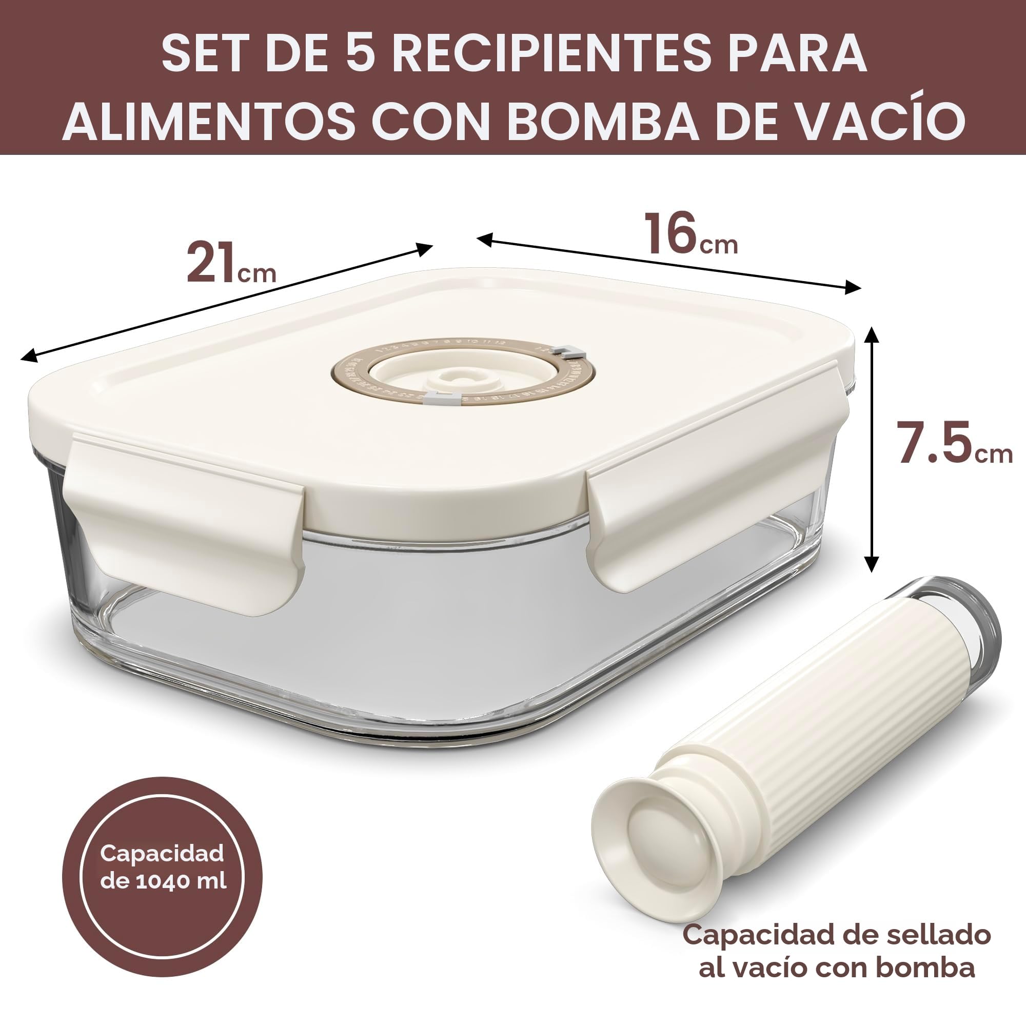 Paquete de 5 recipientes de almacenamiento al vacío de vidrio 1040 ml con rastreador de fecha y bomba, tapas herméticas aptas para horno