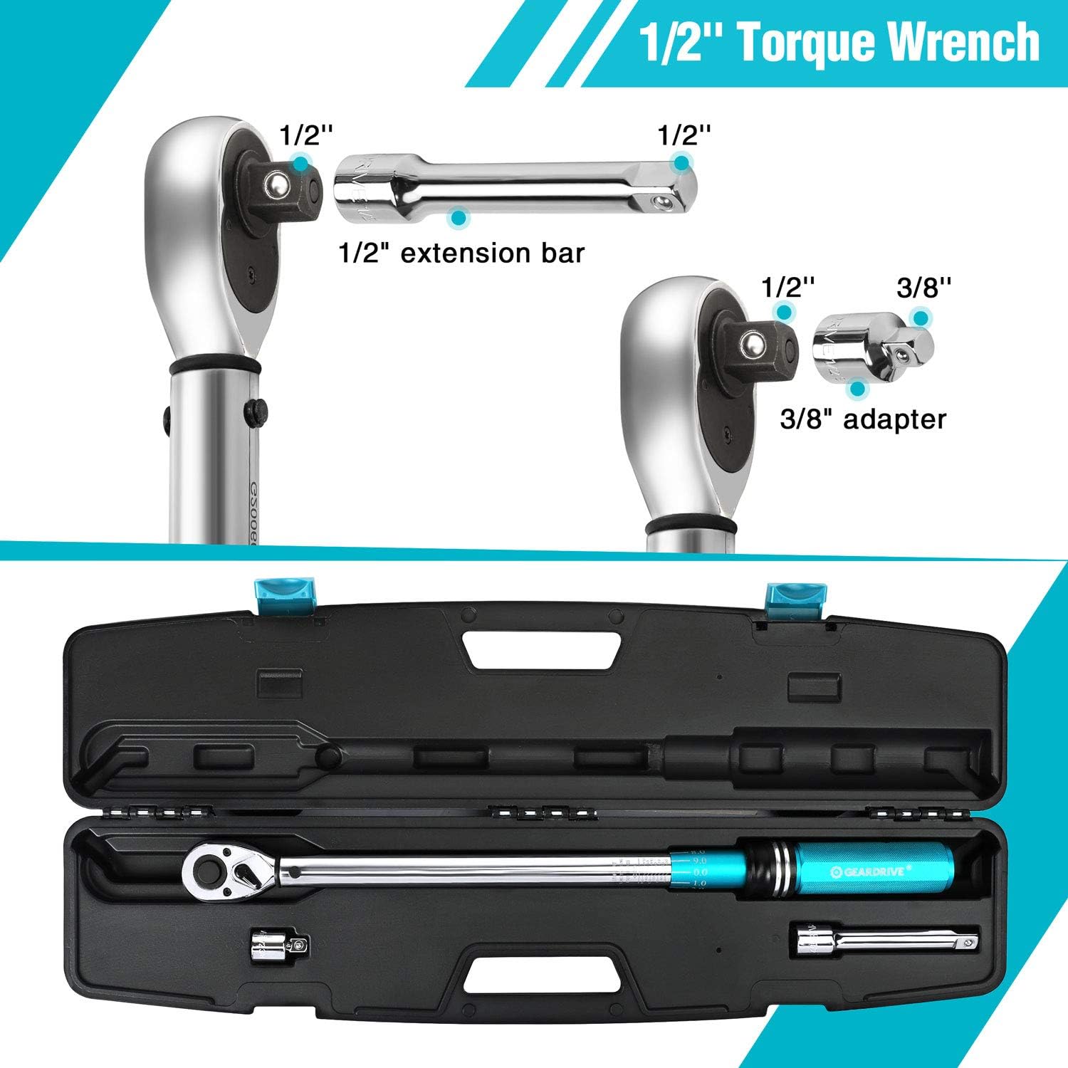 Limited Discount GEARDRIVE 1/2 Inch Drive Click Torque Wrench for Bikes/Motorcycle/Cars, 30-160 Ft-lb/40.7-217 Nm, Includes 1/2'' Extension Bar , 3/8Adapter, Quick-release Reversible