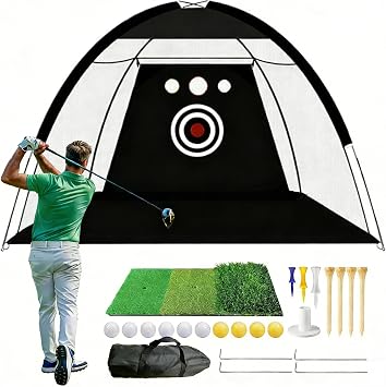 Golf practice net 10x7 feet, suitable for garden, indoor and outdoor backyard practice hitting net, with 10 practice balls, three-turf hitting mat, multi-target training auxiliary net accessories