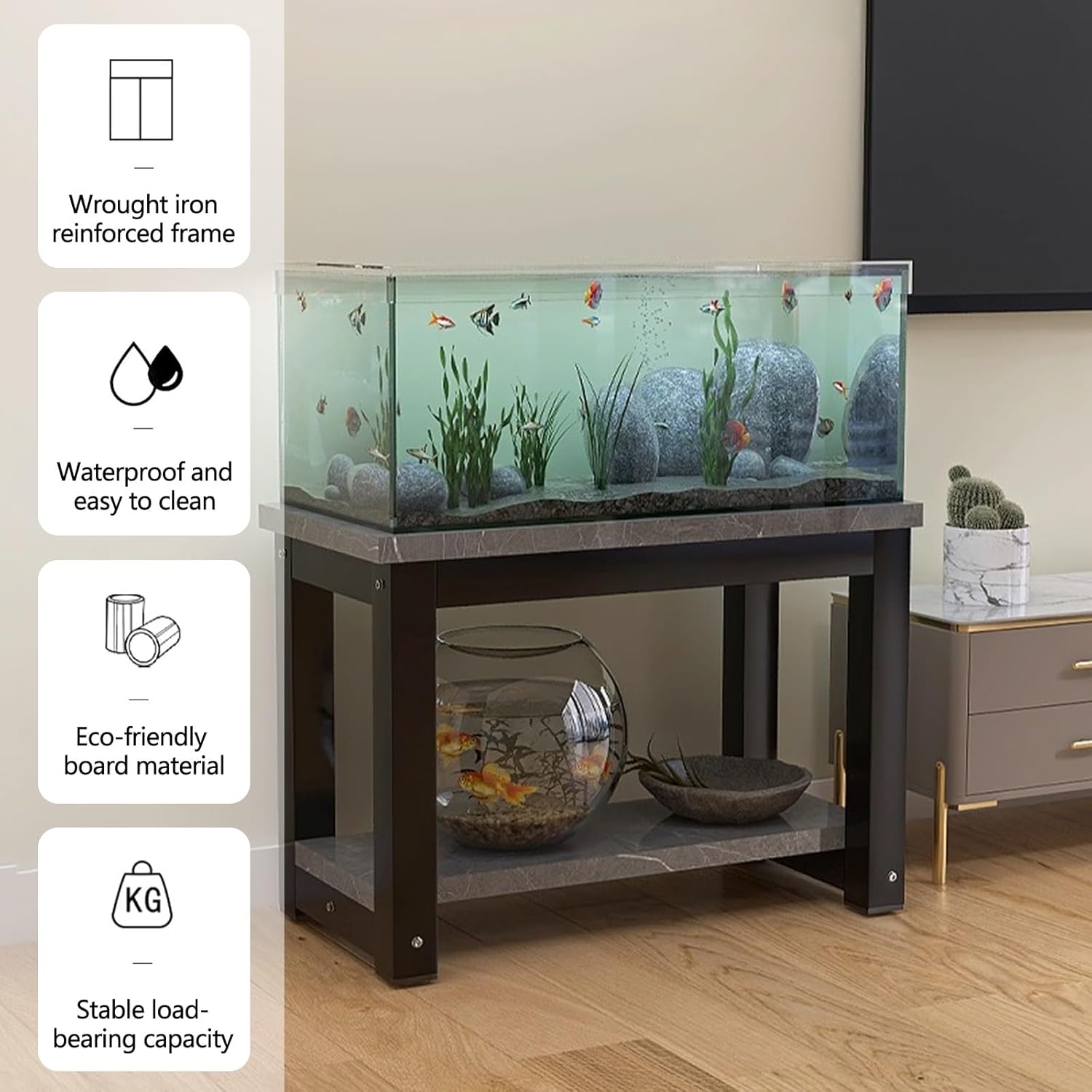 2-Layer Aquarium Stand for Fish Tanks, Floor-Standing Terrarium Rack, Easy Assembly, Multifunctional Display Shelf for Home & Office, Brown (90x50cm/35.4x19.7in)