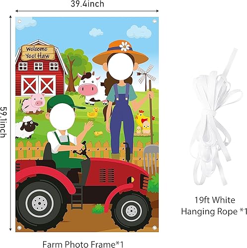 Miniatura 2 de Haooryx Cartel de puerta de fotos de animales de granja, gran tela de satén, accesorios para cabina de fotos, telón de fondo de cara en agujero,