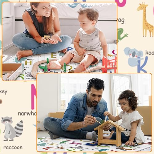 Miniatura 7 de Funtery Tapete hexagonal para corralito de animales del bosque, tapete de juego para bebé, plegable, suave, portátil, lavable, cómodo, colchón