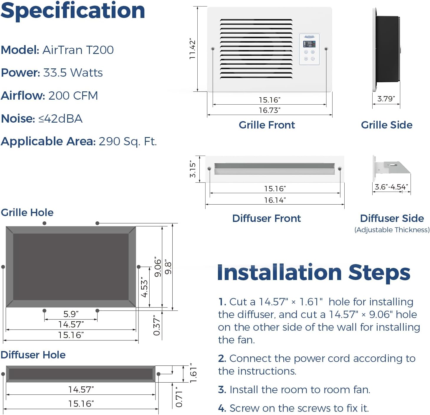 ALORAIR Room to Room Air Transfer Fan, Through Wall Exhaust Fans with 3 Mode Control, Integrated Design ThroughWall Vent Fan, 3-Speed with Temperature Sensor, Ideal Wall Fans for Bedroom 200CFM