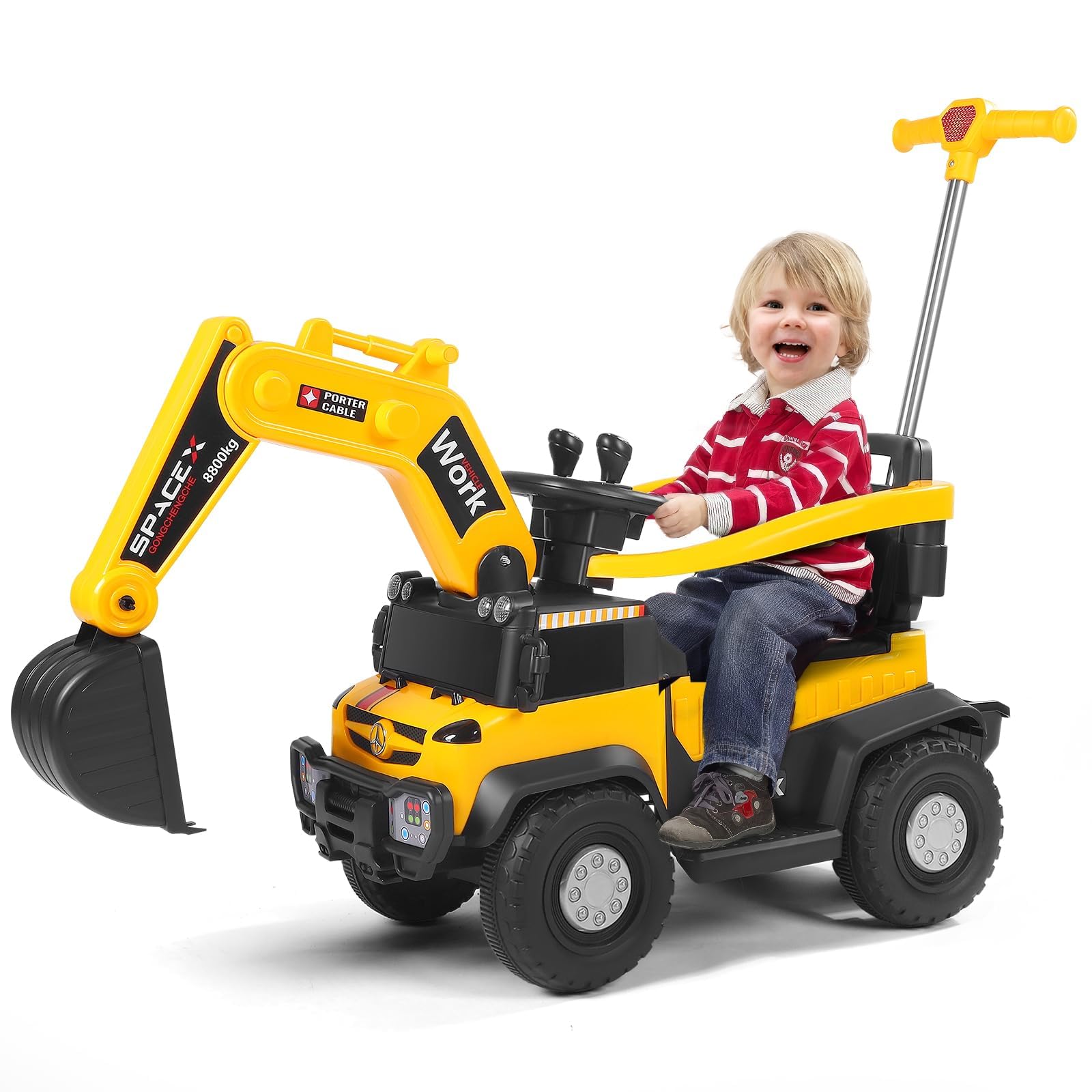 Trattore Elettrico con Asta Scorrevole, Escavatore per Bambini, 12 V, Auto Elettrica con Luce LED, Sistema Musicale, Protezione Completa a 360°, con Faro, per Bambini a partire da 3 Anni