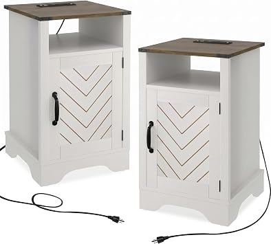 FansaFurn Nightstand Charging Station Tall Farmhouse End Table for Bedroom, Living Room, 16" D x 16" W x 25" HSet of 2, White and Rustic Oak