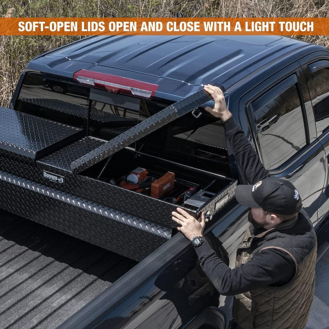 Buyers Products 1720410 Diamond Tread Gull Wing Truck Tool Box – 18x20x71 Inch Gloss Black Aluminum Truck Bed Tool Box, Weather Resistant, Lockable, Crossover Truck Tool Box Storage, Made in USA