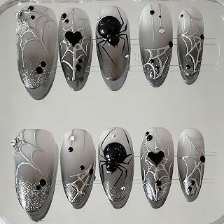 24Pcs Halloween Press on Nails Medium Gradient Black French Tip Fake Nails 3D Spider Nails Rhinestones Design Silver Chrome Spider Web Almond False Nail Gothic Glue on Nail for Halloween Manicure
