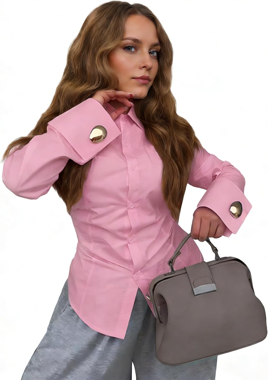 oshoplive Women's Elegant Office Work Blouse Shirt Tops Dressy Long Sleeve Collar V Neck Shirts