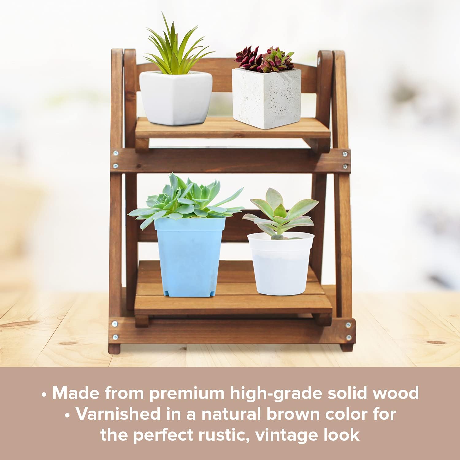 Wood 2-Tier Display Shelf Organizer – Adjustable Tiered Riser Stand for Plants, Candles, Collectibles, Spices, Perfumes Organization – Stackable Wooden Storage Rack for Home, Office, Vanity, Pantry