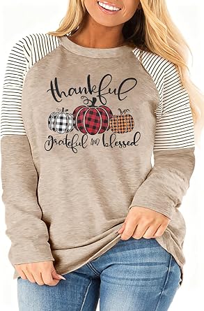 Grateful Thankful Blessed Shirt Plus Size Women Leopard Stripe Color Block Shirts Thanksgiving Pumpkin Long Sleeve Fall Tee