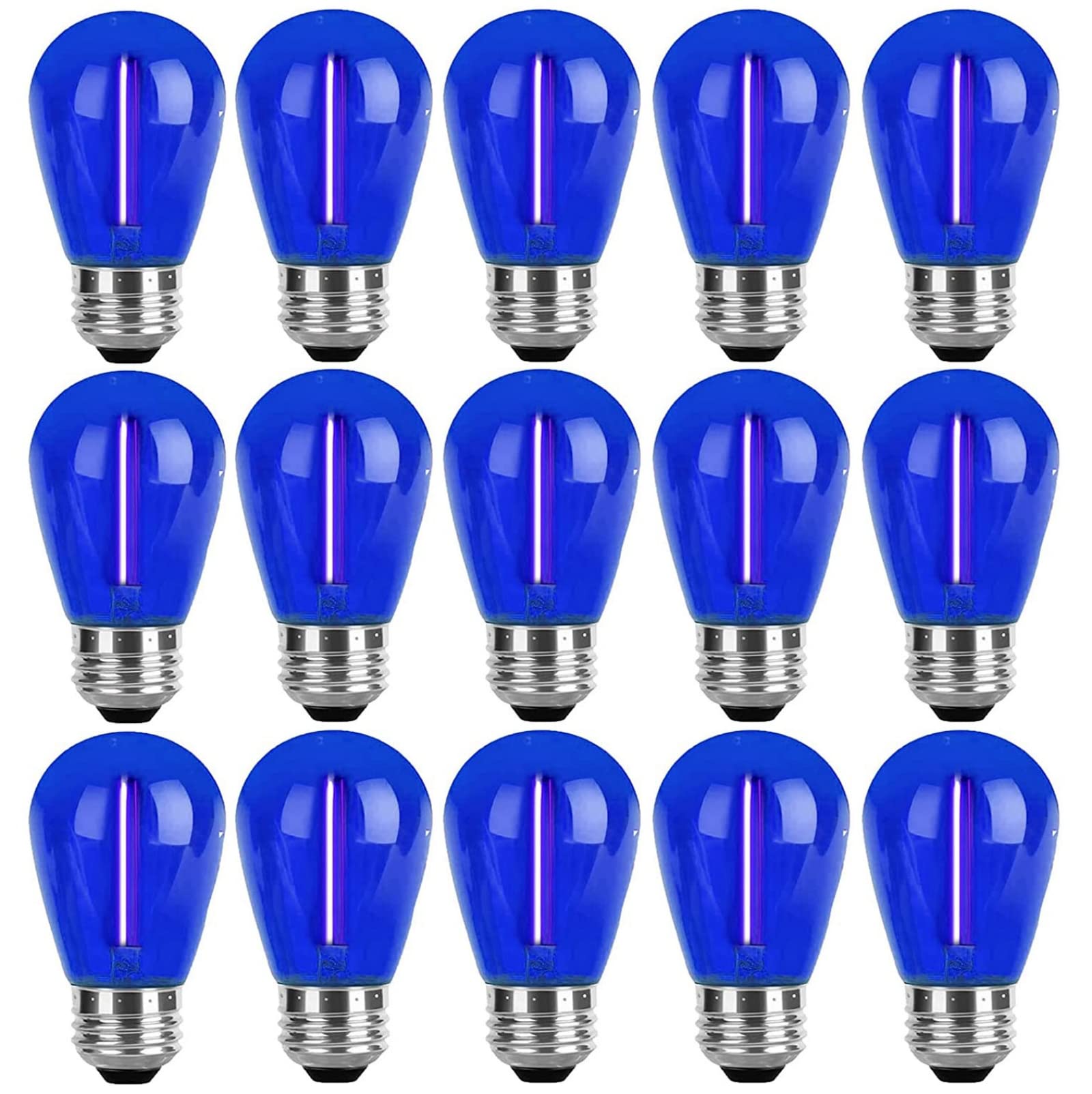 15 Stück S14 LED-Glühbirnen, blaue Weihnachts-Ersatzbirne, 1 W Lichterkette, Vintage-Edison-Kunststoff-Deko-Birne, E26-Sockel, Outdoor-Lichterkette, LED-Filament-Birne für Terrasse