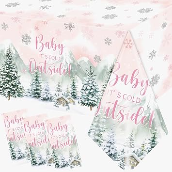 Winter Woodland Plastic Tablecloth - 3pcs Rectangle Table Cover for Baby Girls Cold Outside Baby Shower & Birthday Party Decorations