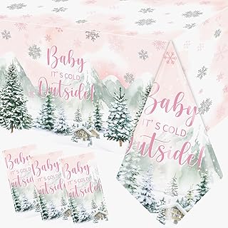 Winter Woodland Plastic Tablecloth - 3pcs Rectangle Table Cover for Baby Girl's Cold Outside Baby Shower & Birthday Party Decorations