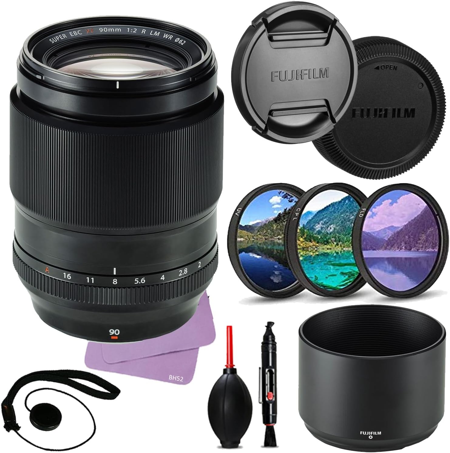 FUJIFILM XF 90mm f/2 R LM WR Lens Bundle + Accessory Package Including UV, CPL, FLD Filters + Lens Cap Keeper + Pen/Blower + Microfiber Cloth (13 Items)