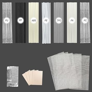 112 Pcs Plastic Welding Rods Kit, 7 Materials PP ABS PE PU TPO PA PC for Car Bumper & Kayak Repair, Includes 5 Stainless Steel Mesh, 4 Sanding Sponges & 5 Tapes, 7.87 Inch Plastic Weld Rods