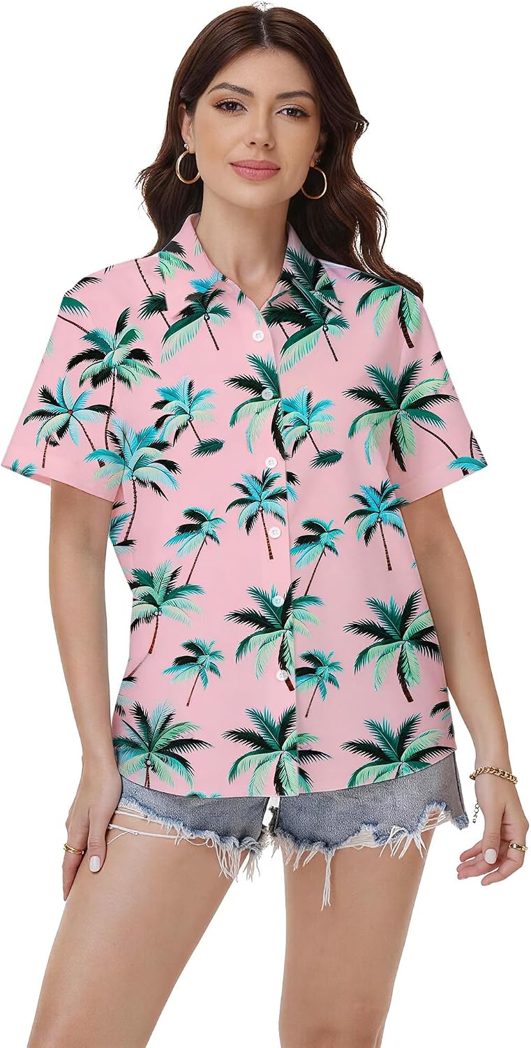 80s 90s Outfits for Women Vintage Button Down Neon Disco Party Shirt | Hawaiian Shirts for Women 80's 90's Retro Tropical Holiday Beach Vacation Outfits Relaxed Fit Geometric Graphic Blouse