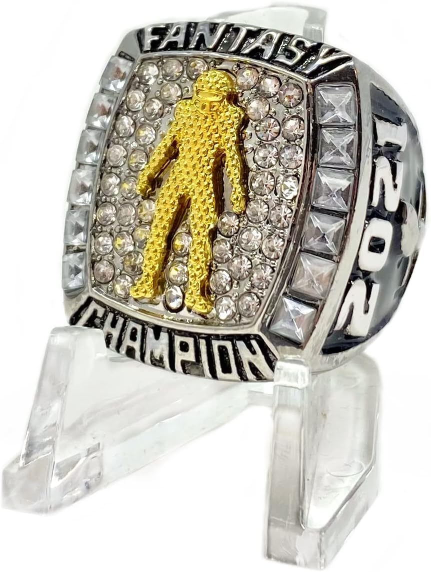 Legacy Rings 2021 Fantasy Football Championship Trophy Ring, Two-tone Silver and Gold Plated + Display Stand, Many Sizes
