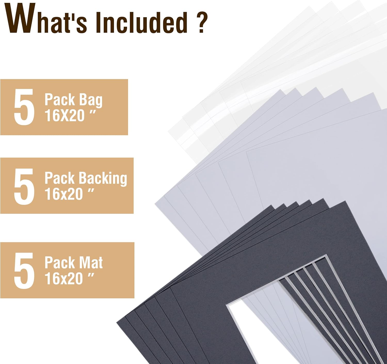 Falling in Art 5 Pack Acid Free 16x20'' Black Picture Mats Board Show Kit for 11x14'' Pictures, 4-Ply Beveled Pre-Cut Photo Boards with Backing Board and Plastic Clear Bags