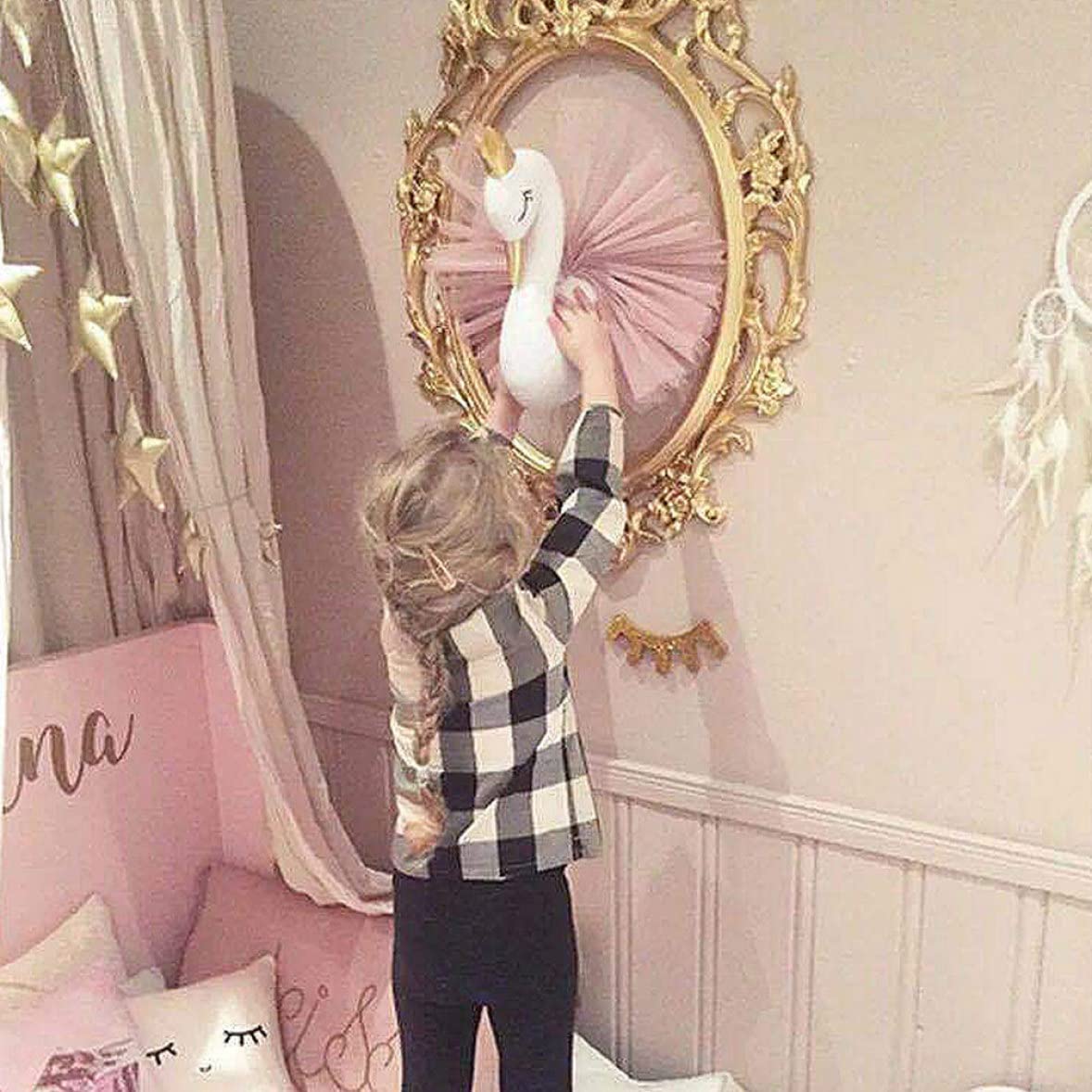 3D Krone Schwan Kopf Wandkunst Hängen, Schwan Dekorationen für Mädchen Wand Schlafzimmer, 3D Swan Wandkunst 3D Gaze gekleidet Gefüllte Tier Spielzeug Wandmontiert Für Kinderzimmer Dekoration 40x54cm