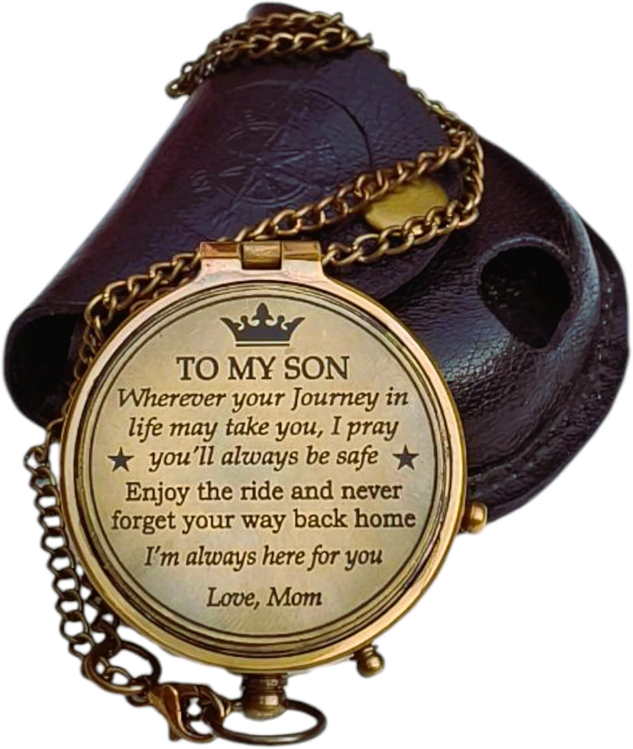 to My Son Brass Engraved Pocket Compass – Handmade Antique Compass with Leather Case – Inspirational Religious Gift for Son from Mom – Graduation, Baptism, Communion Keepsake (to My Son Love Mom)