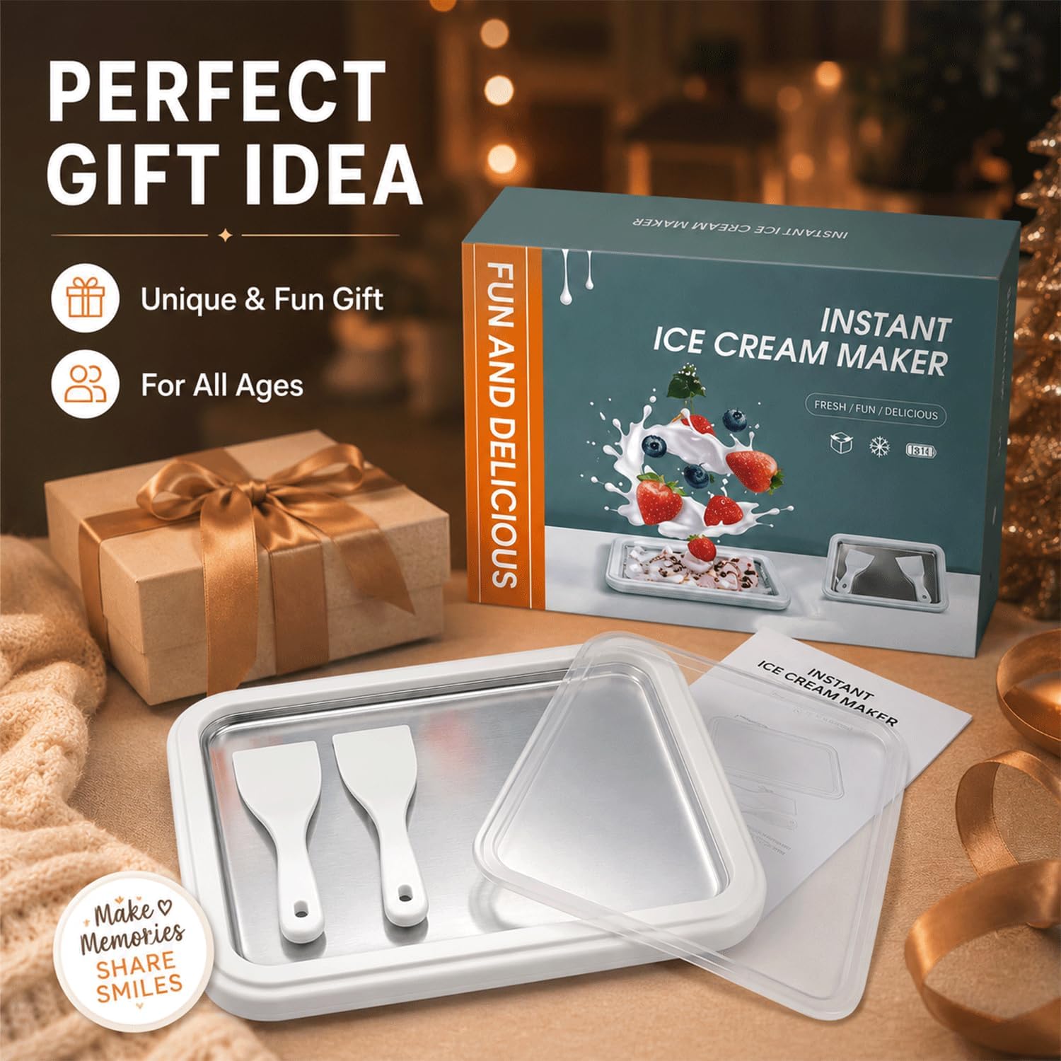 Rolled Ice Cream Maker Kit with Lid, Ice Cream Roller Pan with 2 Spatulas & Recipe Guide, Instant Frozen Dessert Maker for Homemade Ice Cream Rolls, Frozen Yogurt, Gelato & Sorbet, White