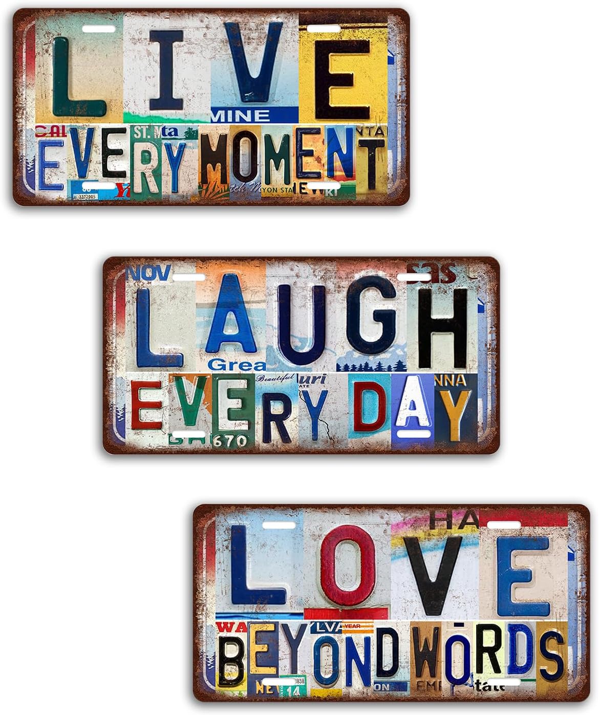 Vintage License plate Laugh Every Day Live Every Moment Love Beyond Words Wall Decor Metal Sign Tin Signs for Bar Home Bedroom Garage 3 PCS