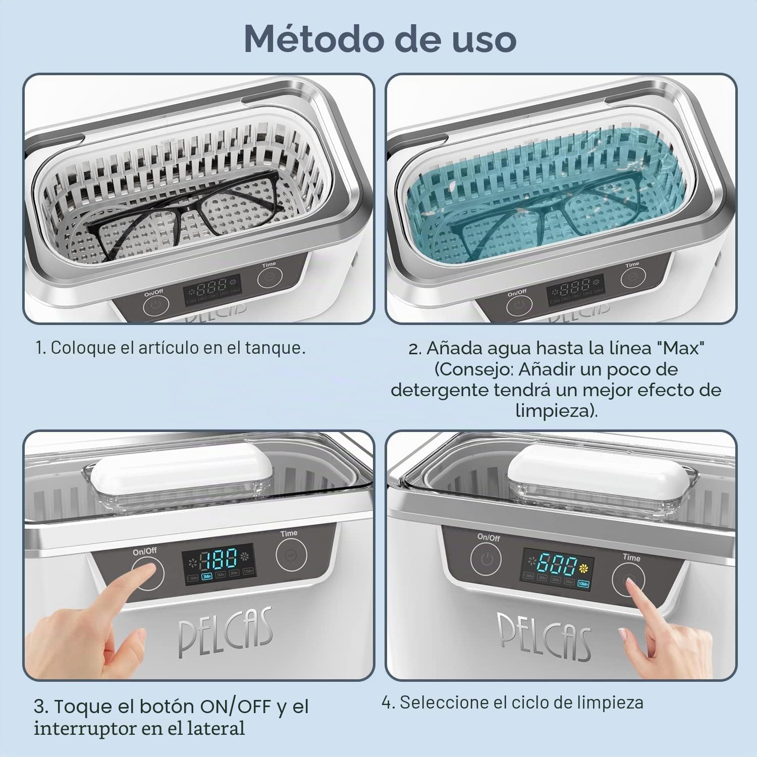 PELCAS Limpiador Ultrasonidos con Transductores Duales Limpiador Ultrasónico 800ML 42KHz con Pantalla Táctil y 5 Configuraciones de Tiempo para Anteojos, Relojes, Joyas, Dentaduras Postizas