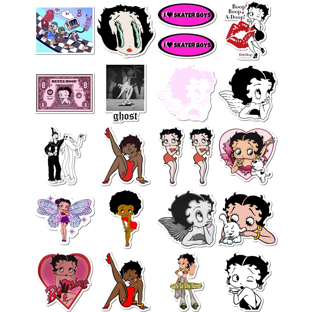 Amazon.com: Stickers Pack 20 Pcs Betty Laptop Boop Vinyl Aesthetic Colorful  Waterproof Skateboard Bike Bumper Car Guitar Water Bottle Luggage, White,  2.1 x 2.1 inch : Electronics