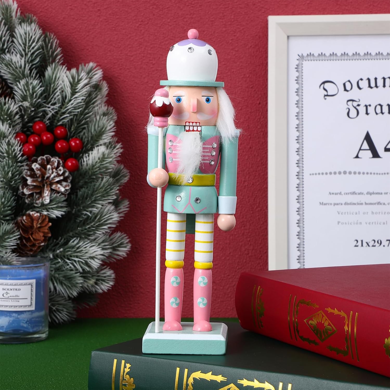 SEWACC Christmas Nutcracker Figure Ornament, 10 Inch Wooden Pastel Candy Nutcracker Soldier Christmas Decor for Holiday Tabletop Display Collectible Decoration