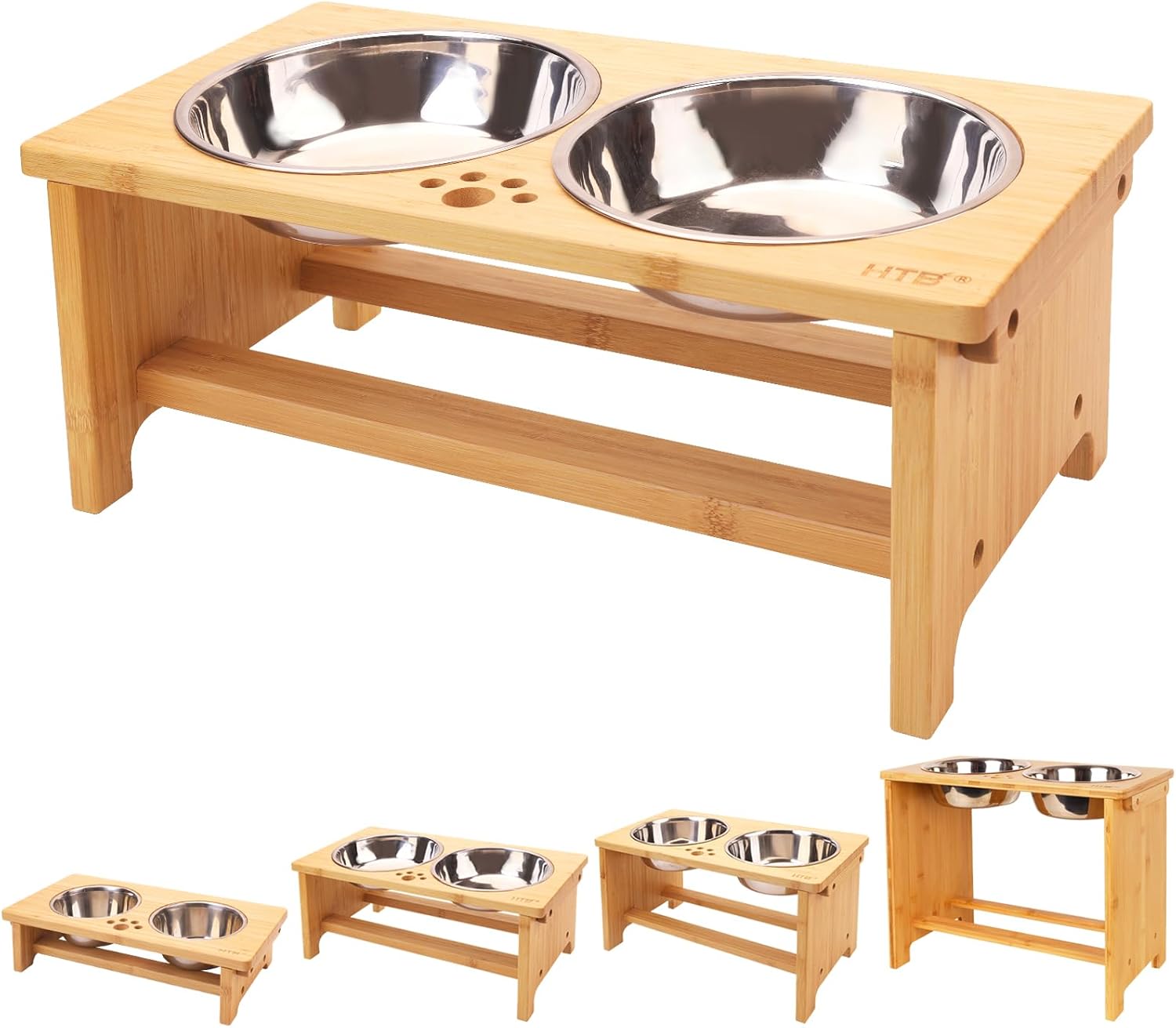 HTB Elevated Dog Bowls,Raised Dog Bowl Stand with 2 Stainless Steel Bowls,Elevated Raised Dog Bowls for Large Medium Small Sized Dogs medium-7"tall,29 Oz bowl Bamboo