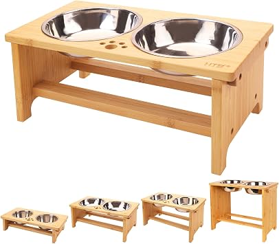 HTB Elevated Dog Bowl Stand with 2 Stainless Steel Bowls-7" H Medium Bamboo | Raised Dog Bowl Stand, 7"tall, 29 Oz Bowls, for Medium Sized Dogs, Pet-safe, Solid Bamboo