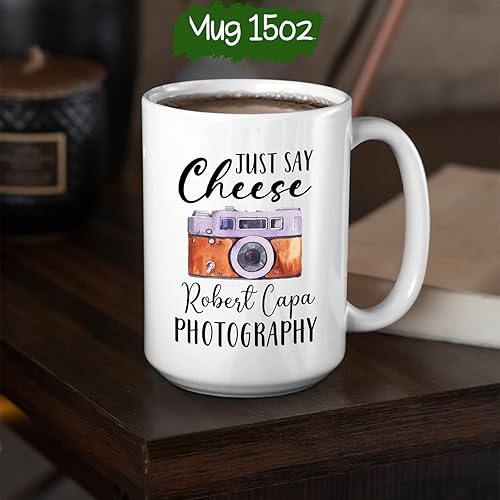 Miniatura 6 de Tazas de fotografía personalizadas con texto en inglés "Just Say Cheese"  Tazas de café para fotografía con nombre personalizado, taza de café para