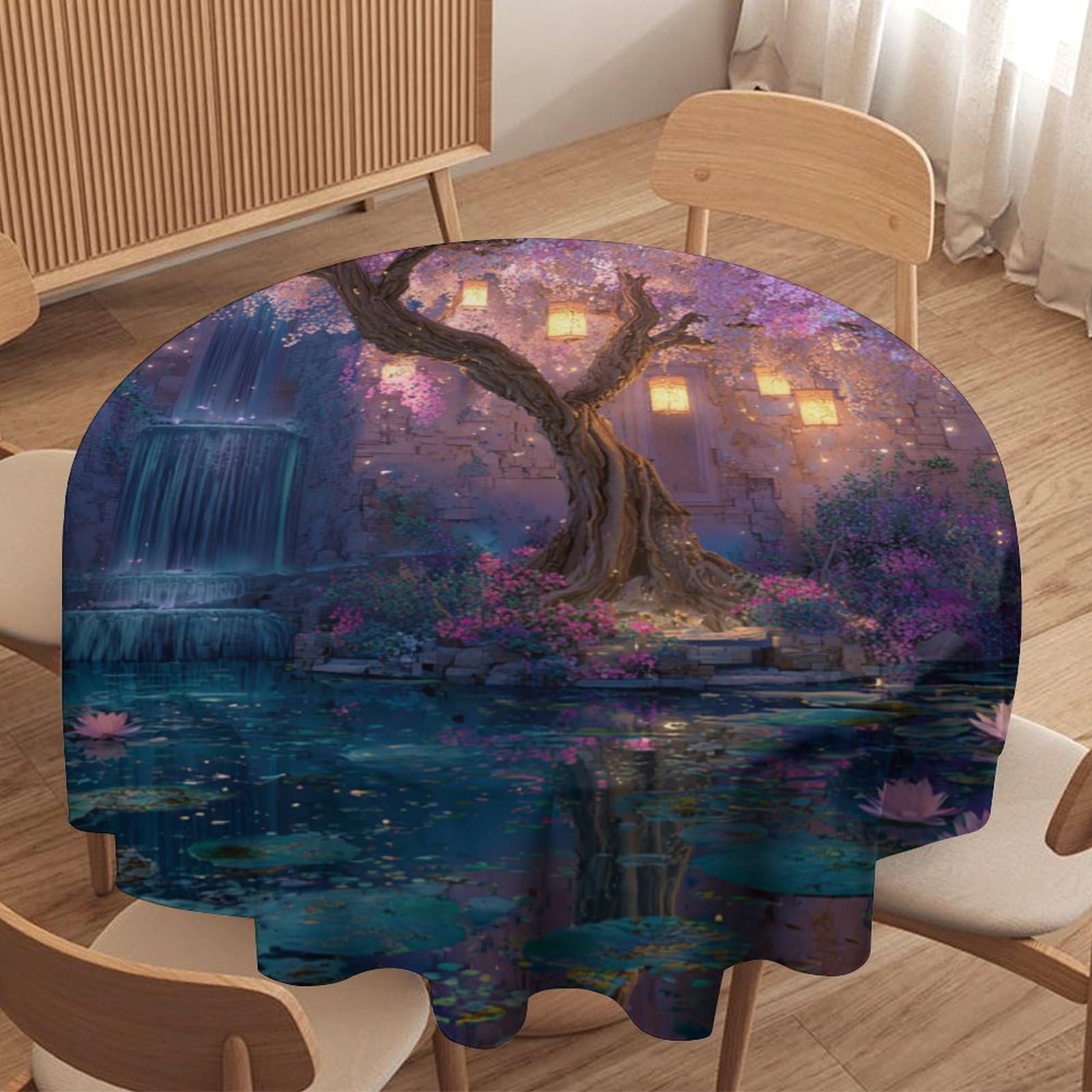 LUYYSKY Colorful Realistic Cherry Blossom Waterproof Round Tablecloth Beautiful Japanese Watercolor Spring Waterfall Lotus Flowers Print Washable Table Cover for Kitchen-91.4" Wx91.4 L cm