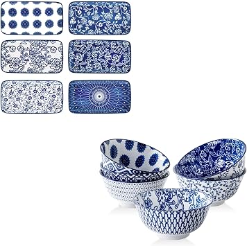 12 Pcs Ceramic Dinnerware - 24 Oz Cereal Bowls and 8.3 Inch Rectangle Plates Sets - Service for 6 - Vintage Blue