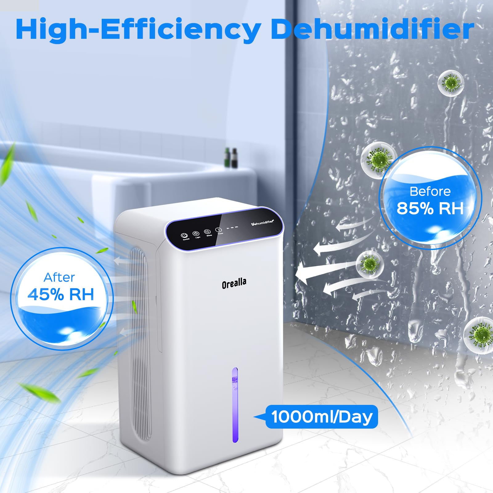 Deumidificatore Casa Muffa Portatile 2.5L - Deumidificatori Silenzioso con Modalità Sonno 30dB Spegnimento Automatico Timer Programmabile Luci 7 Colori, Dehumidifier per Bagno Letto Camera e Soggiorno