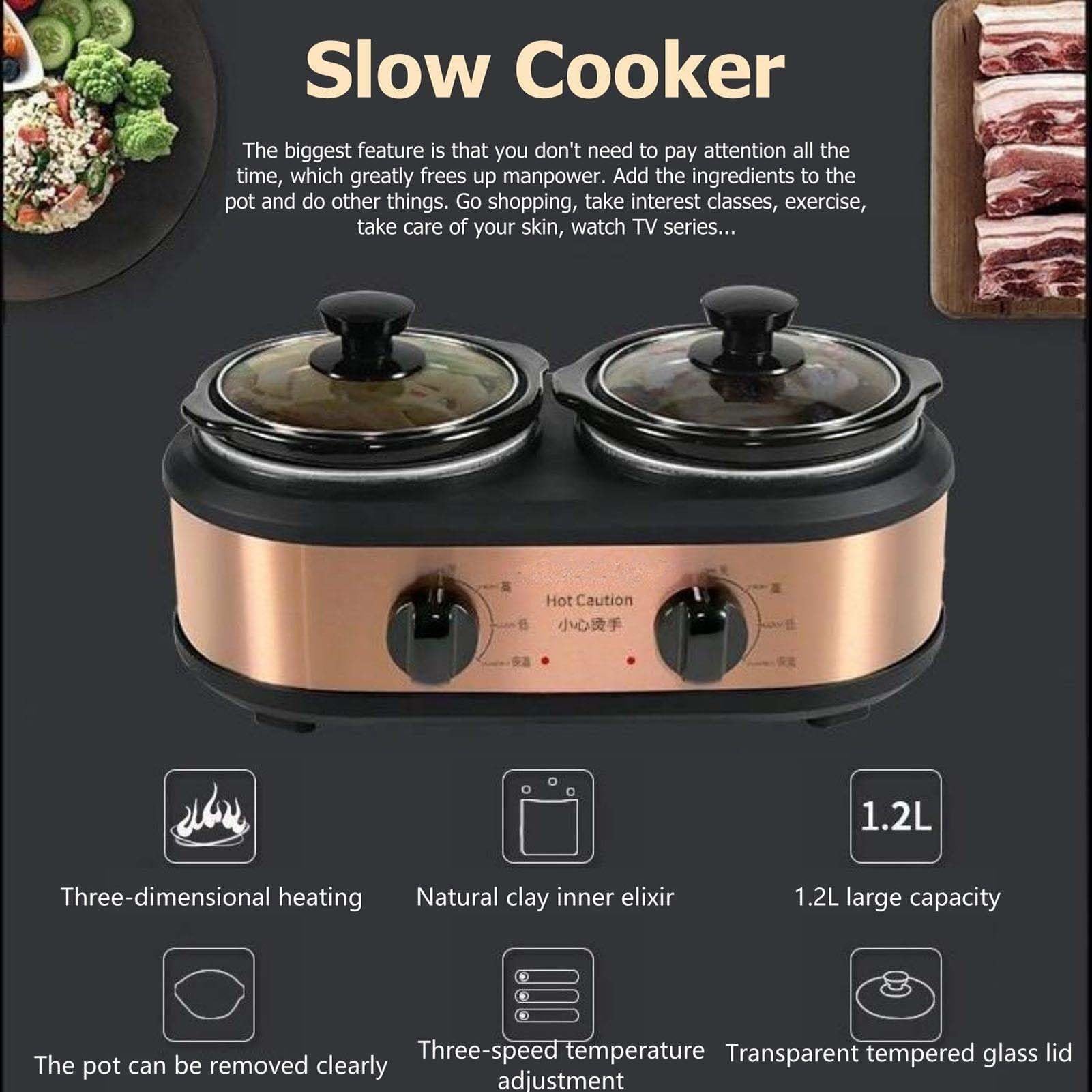 THEGA Olla De Cocción Lenta 2 En 1 con Libro De Recetas, Ollas De Cerámica De Gran Capacidad De 1,2 L, 3 Niveles De Calor, Guisos, Sopas, Cocción Lenta, Función para Mantener Caliente