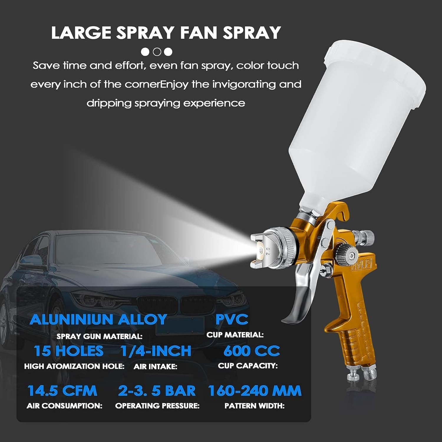 HVLP Pistola a spruzzo ad alta atomizzazione Pistola a spruzzo per riparazioni di piccoli mobili per auto con regolatore di pressione dell'aria Serbatoio vernice da 600cc 1.4/1.7/2.0mm ugello