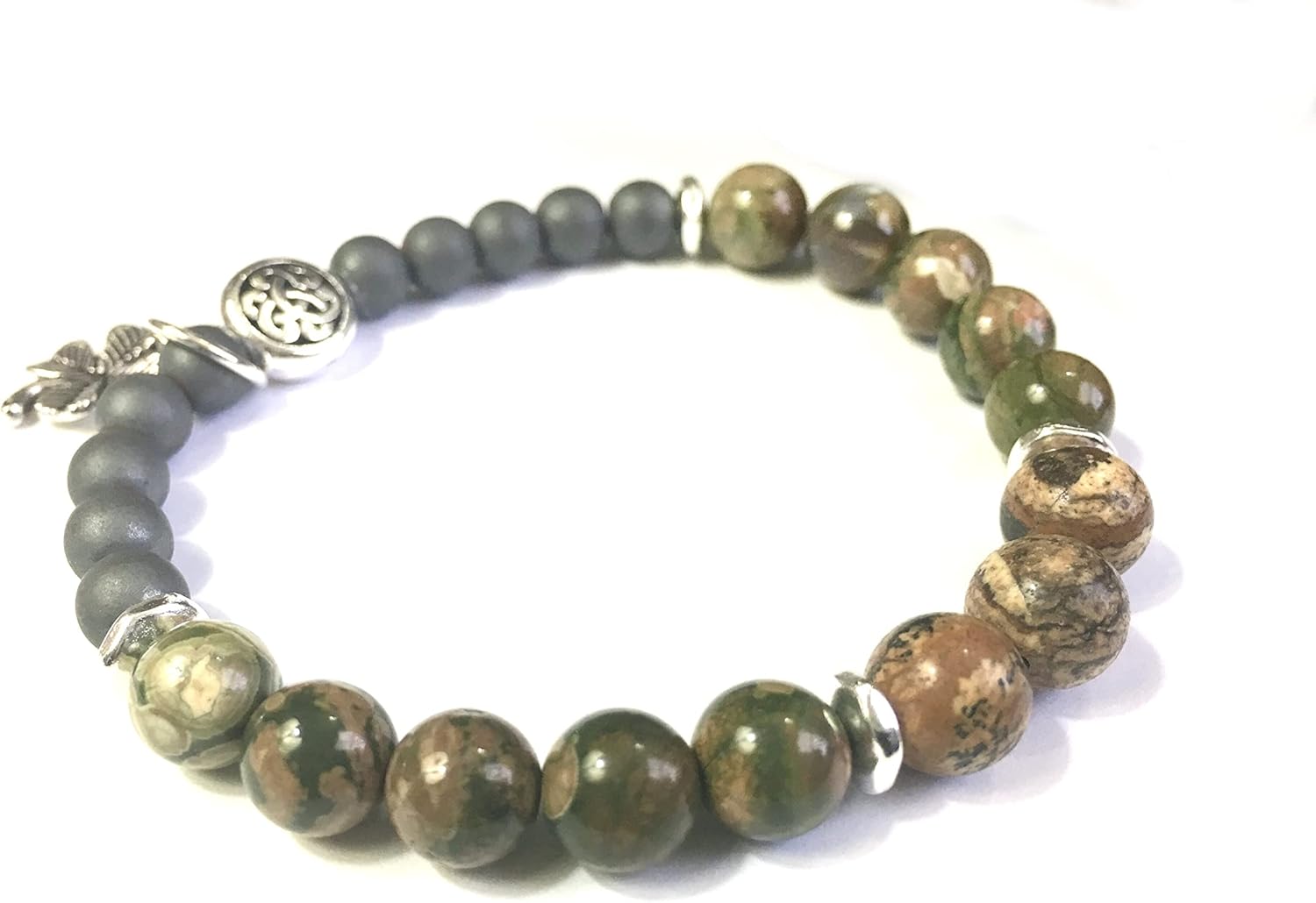 Irish Cliffs of Moher Gemstone Bracelet with Celtic Knot - Custom Sized Bracelet - 6mm or 8mm Bead Size - Optional Shamrock Charm - Couple's Bracelet for Men and Women